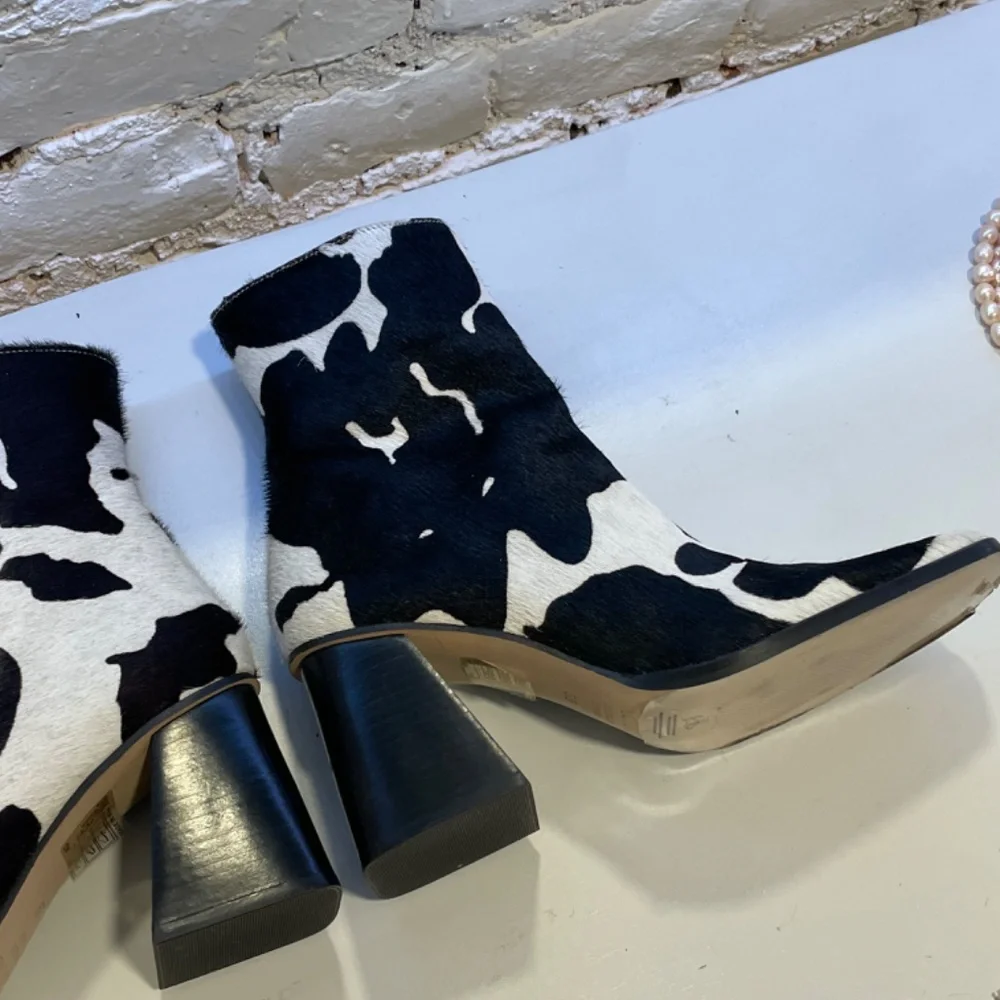 Cow Print Pony Hair Square Toe Chunky Heel Leather Boots Aloha - Picture 3 of 6